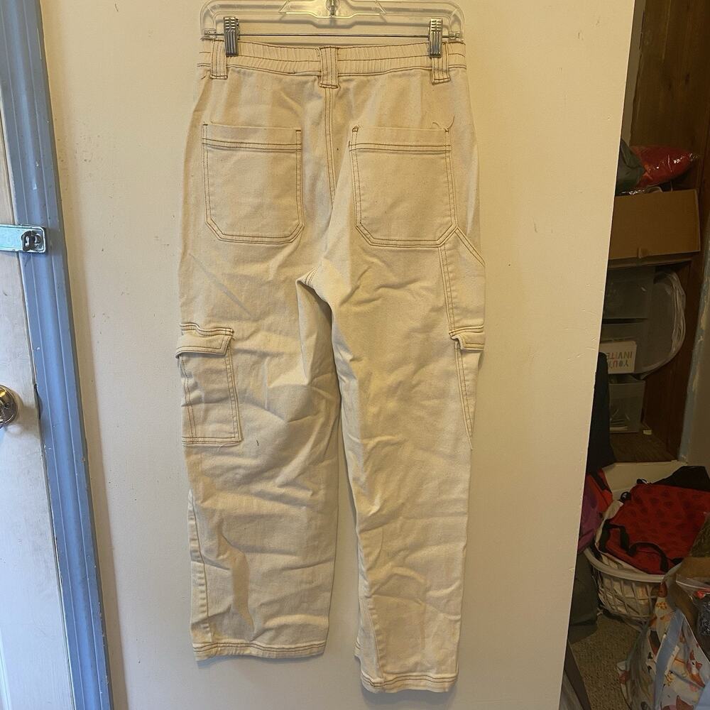 Women L Ivory Denim Cargo Pants WideLeg ElasticWaist Pockets Corpcore Steampunk - Picture 8 of 9